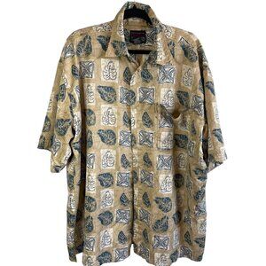 Y2K FUBU Beige/Blue Floral All Over Print Button Front Short Sleeve Mens XXL